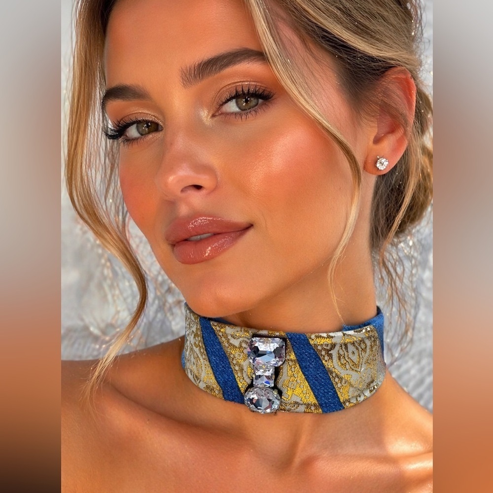 Artisan Necklace Choker OOAK Denim & Gold Brocade Rhinestone Statement Handmade